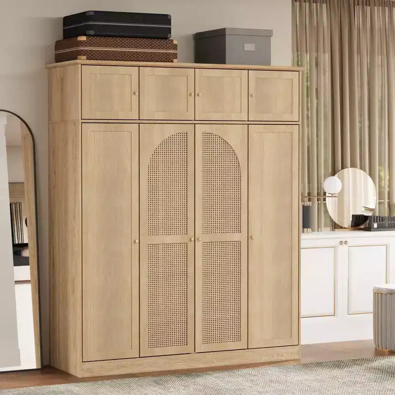 Armoire-penderie haute de 70,87 pouces à 8 portes, grande capacité, avec tringle, étagères réglables et portes décoratives en rotin