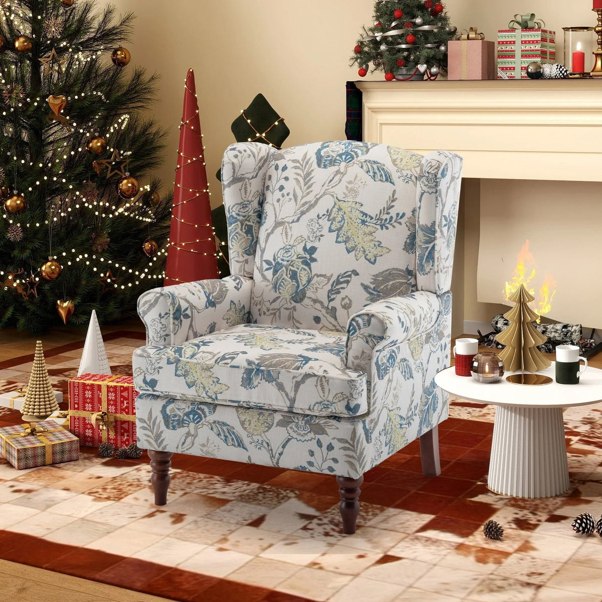 Erommy moderne accentstoel, fauteuil met hoge rugleuning, gestoffeerde stoffen fauteuil met knopen en houten poten voor de woonkamer