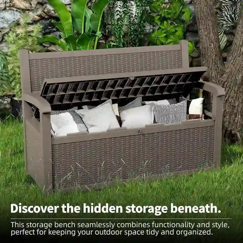 Banc de rangement en résine tout temps avec compartiment dissimulé verrouillable – design imitation rotin, capacité de 500 lb, rangement de 70 gallons