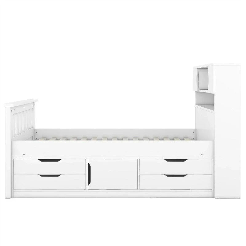Lit plateforme de capitaine Twin/Full avec 4 tiroirs et étagères de rangement, structure en bois massif avec tête de lit bibliothèque et rangements