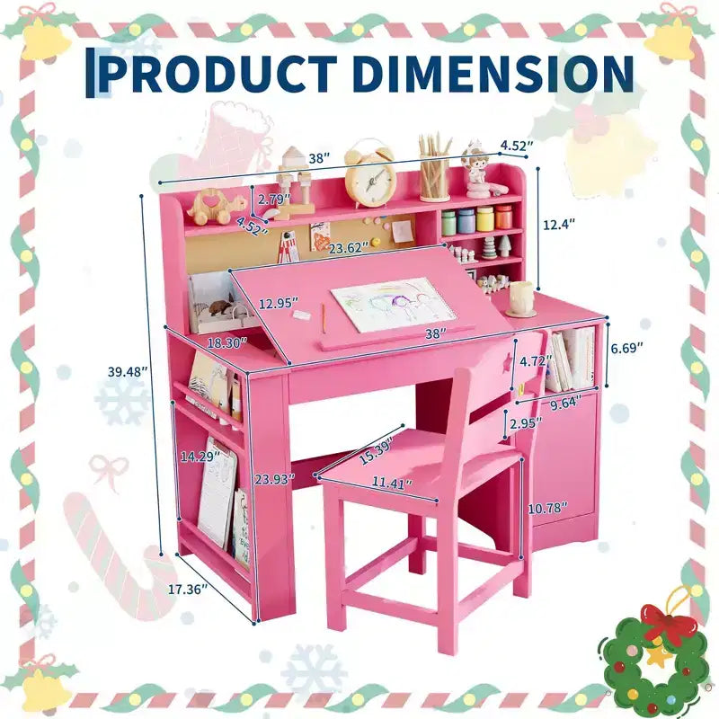 Kids Study Desk & Chair Set with Storage, Kids Study Desk with Hutch and Tiltable, for 3-8 Years Old, Student Writing Table for Bedroom
