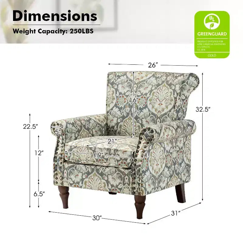 Fauteuil traditionnel Araceli en bois, rembourré à motif floral, avec dossier à oreilles et bordure cloutée| ART OF LIVING DESIGNS