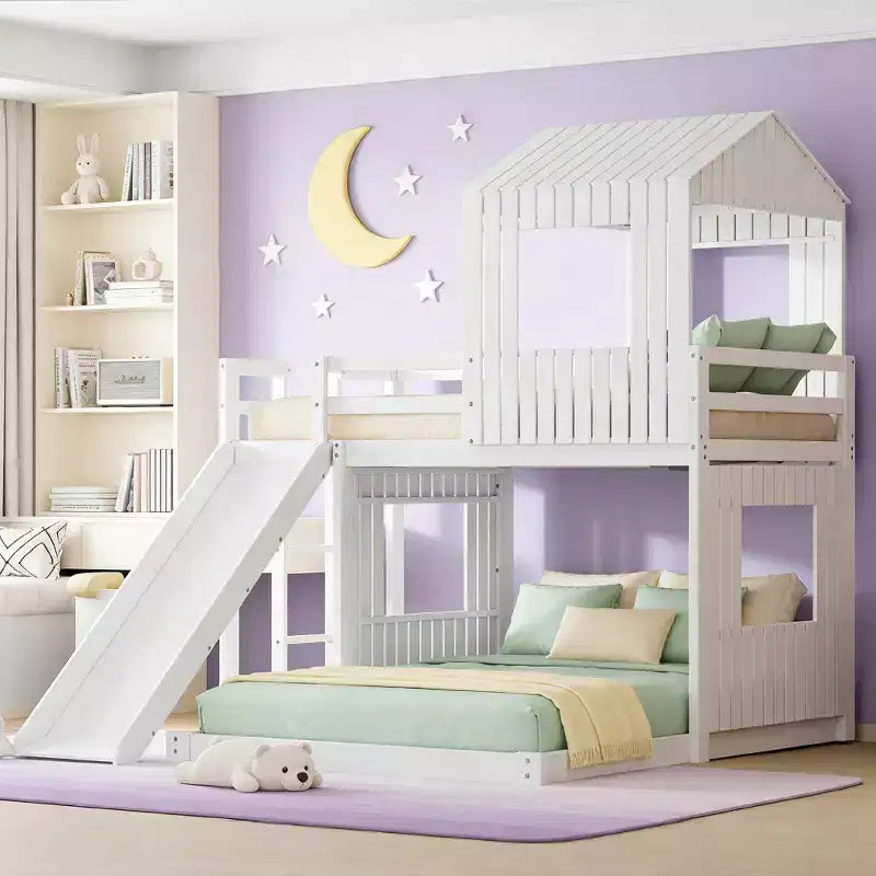 Luxystar Twin Over Full Wood Bunk Bed with Playhouse, Slide and Guardrails