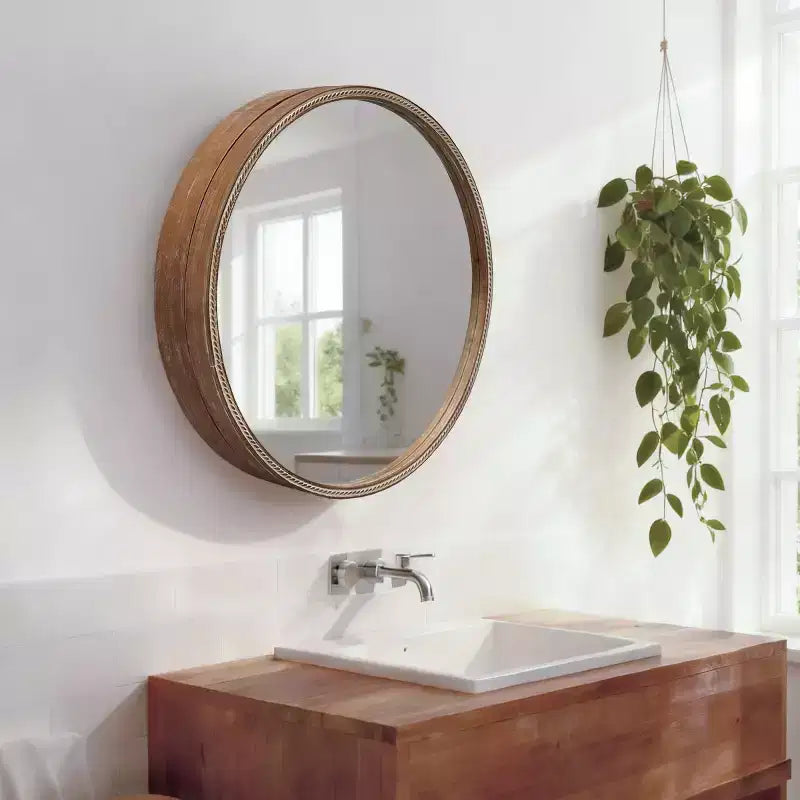 23.6 Modern Sliding Round Wall Mirror with Storage, Space-Saving Vanity Mirror for Bathroom, Accent Mirror for Living Room