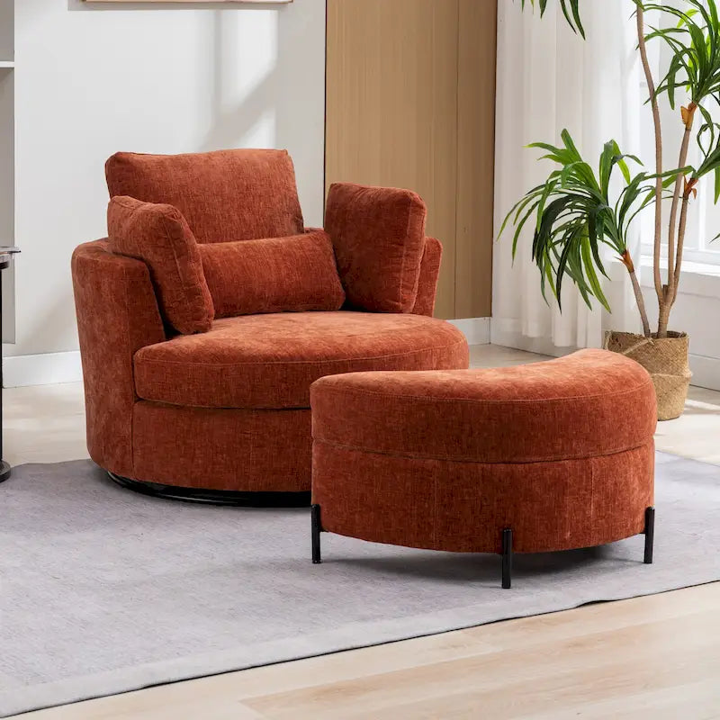 42,3W gestoffeerde draaifauteuil met 4 kussens en halvemaanvormige opberghocker