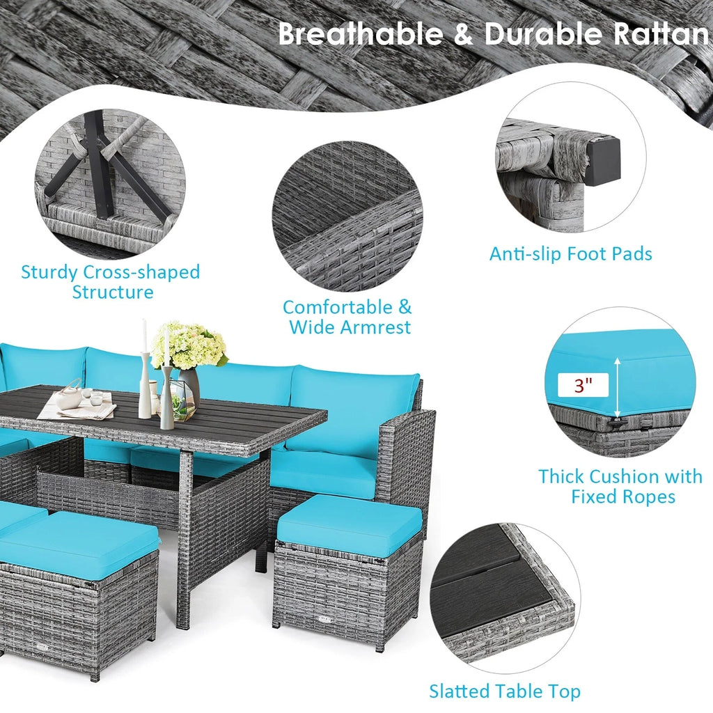 Costway Ensemble repas de jardin en rotin de 7 pièces, canapé d’angle, canapé et pouf — Voir les détails
