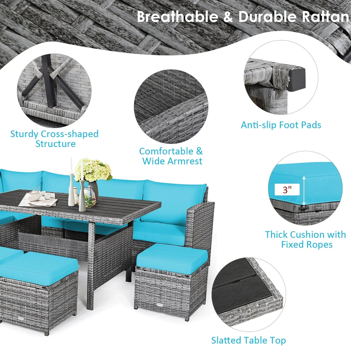Costway Ensemble repas de jardin en rotin de 7 pièces, canapé d’angle, canapé et pouf — Voir les détails