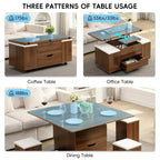 Table basse moderne multifonctionnelle relevable avec rangement dissimulé, 4 tabourets et roulettes, idéale pour les espaces de vie modernes