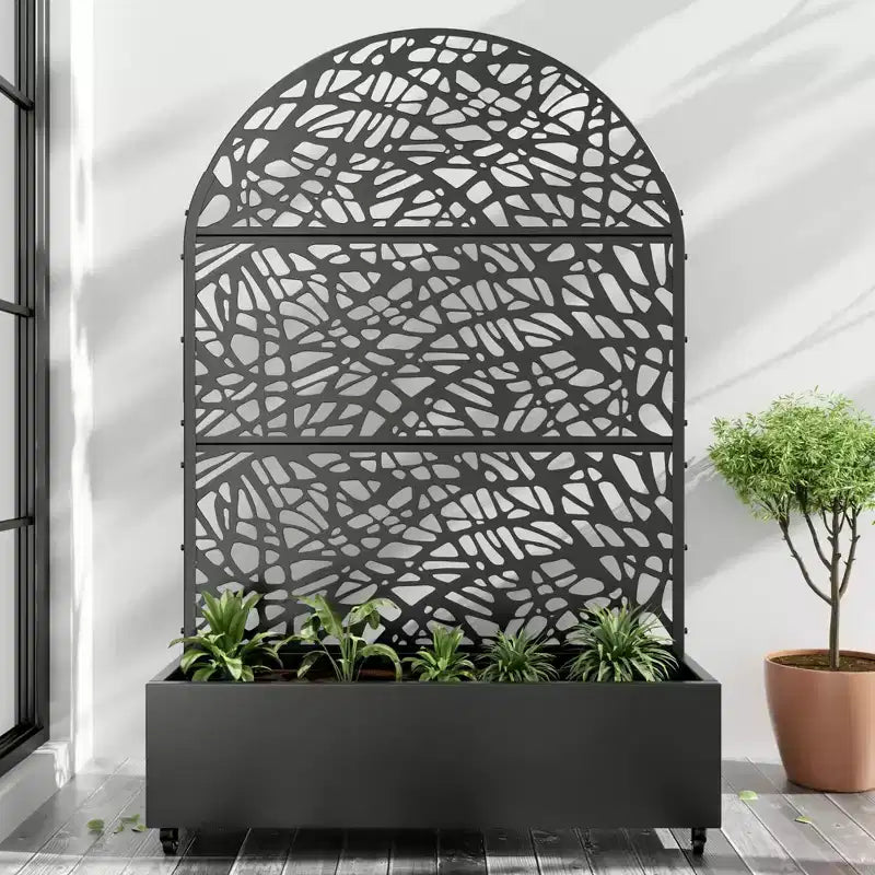 MAYEERTY 72x47 zwarte gebogen ijzeren plantenbak met trellis, decoratief tuinscherm van 3 delen voor terras en balkon