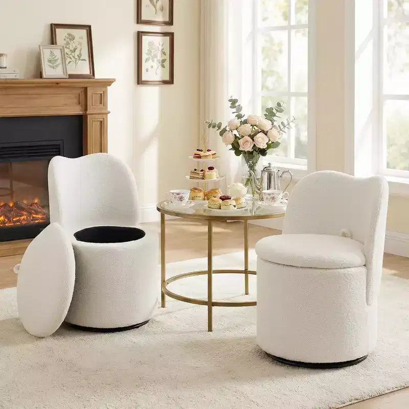 Chaise de coiffeuse pivotante avec rangement, tabouret rond rembourré avec dossier, fauteuil tonneau d’appoint doux et rembourré pour chambre et salon