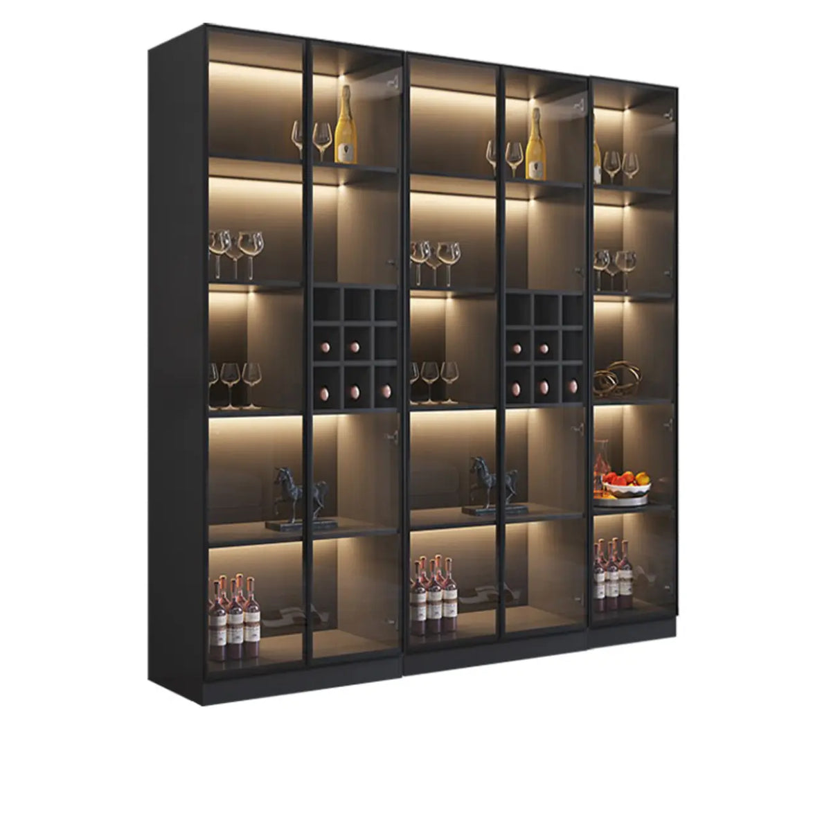 Minimalistische zwarte houten wijnkast met glazen deur