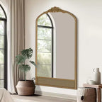 Miroir mural avec cadre en bois en forme d’arche classique sculptée et partie inférieure en rotin, marron, 37 in. W x 71 in. H