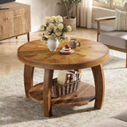 Lantine ronde salontafel van massief hout, 2-laags bijzettafel met opbergruimte, tafelblad van 31,5 inch met mozaïekpatroon, eenvoudige montage, voor de woonkamer, bruin