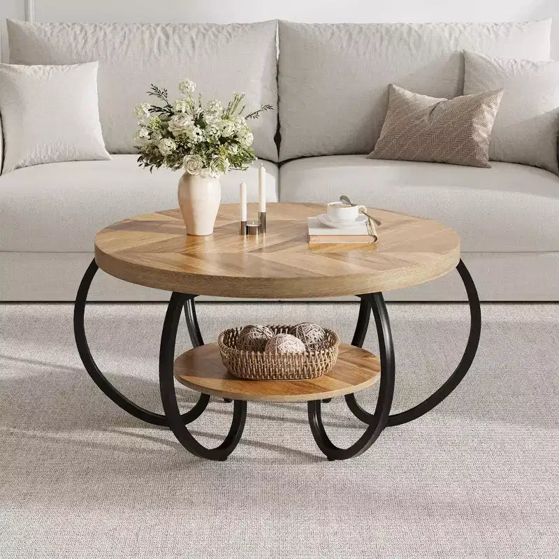 Runder industrieller Couchtisch mit 76 cm Durchmesser, 2 Ebenen, verstellbaren Füßen, Ablage in Holzoptik, Flammendesign, einfache Montage, Wohnzimmer