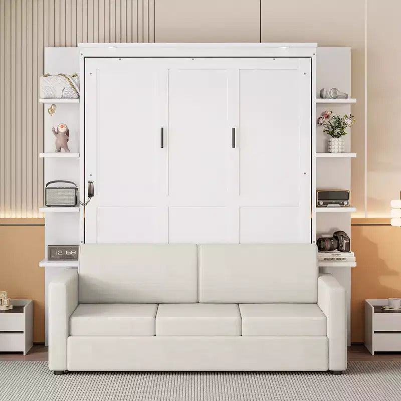 Lit escamotable mural queen size avec canapé, lit armoire pliant queen size avec bibliothèque et étagères pour chambre d’amis ou bureau