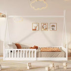 Bodenbett für Kinder, Zeltbett in Einzelgröße, Montessori-Bodenbett mit Lattenrost und Schutzgittern, Holzhaus-Bettrahmen für Jungen und Mädchen