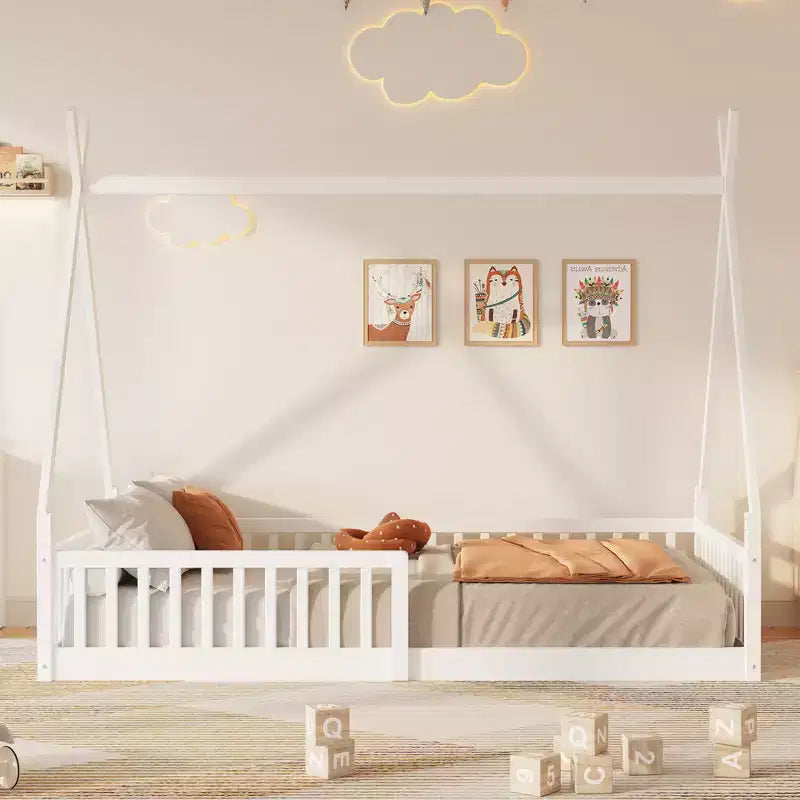 Bodenbett für Kinder, Zeltbett in Einzelgröße, Montessori-Bodenbett mit Lattenrost und Schutzgittern, Holzhaus-Bettrahmen für Jungen und Mädchen