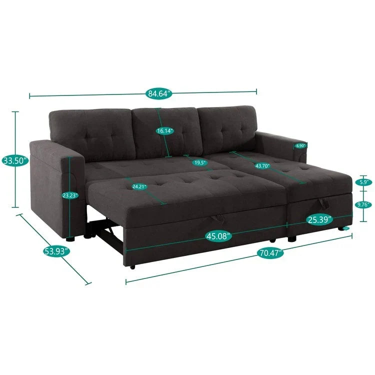 Umwandelbares, beidseitig montierbares Ecksofa mit ausziehbarem Schlafbett, verstecktem Stauraum in der Recamiere und robusten Beinen