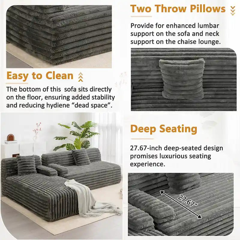 Cloud-Ecksofa, modernes Polstersofa mit 2 Zierkissen, frei kombinierbares Sofa, modulares L-förmiges Ecksofa
