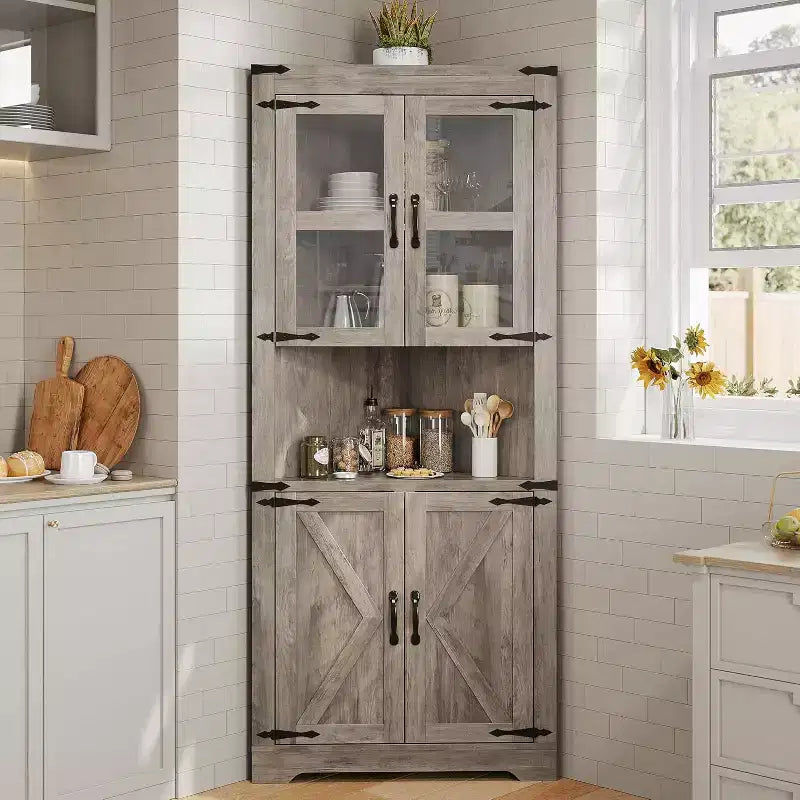 69 Zoll hoher Eckschrank im Landhausstil, platzsparender Eckschrank mit Glastür und verstellbaren Regalböden für Wohnzimmer und Küche