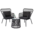3-delige bistroset van wicker voor buiten, weerbestendige rotan tuinmeubelset met stoelen en kussens