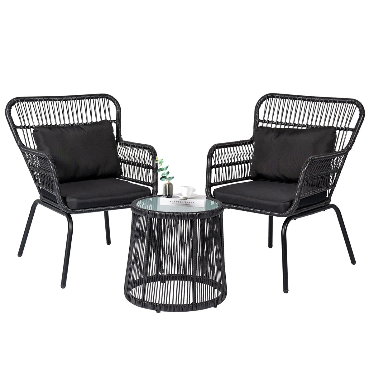 3-delige bistroset van wicker voor buiten, weerbestendige rotan tuinmeubelset met stoelen en kussens