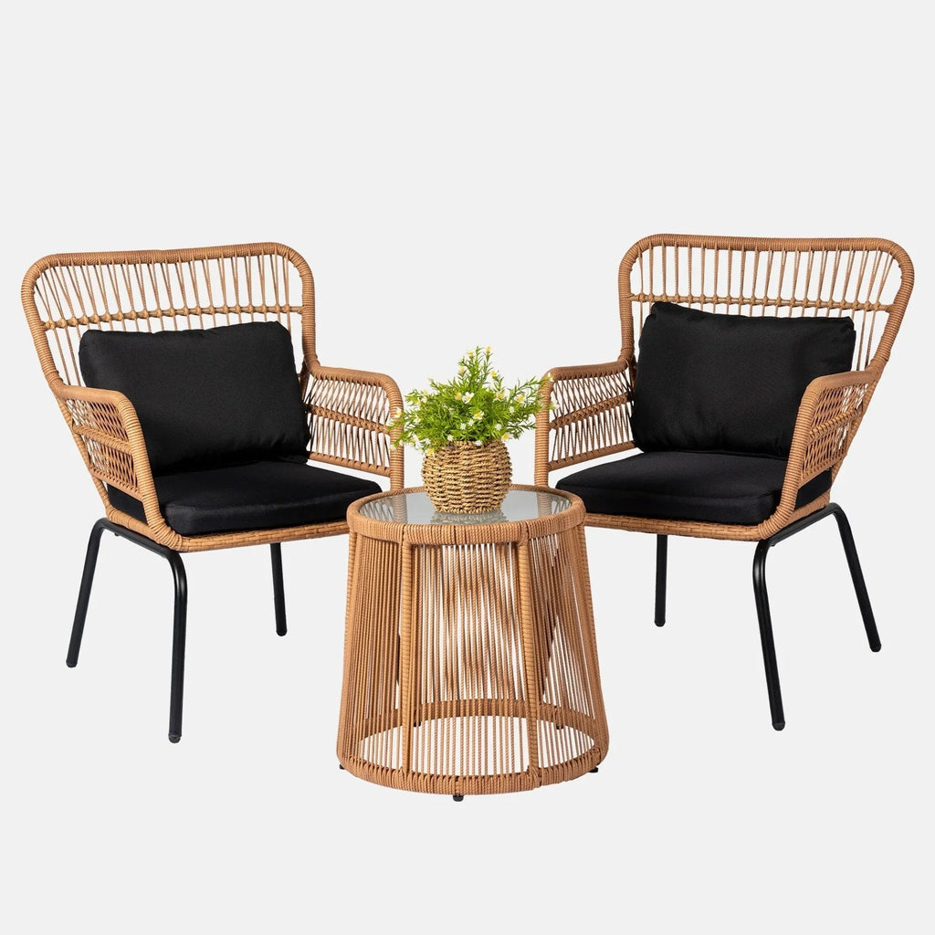 3-delige bistroset van wicker voor buiten, weerbestendige rotan tuinmeubelset met stoelen en kussens