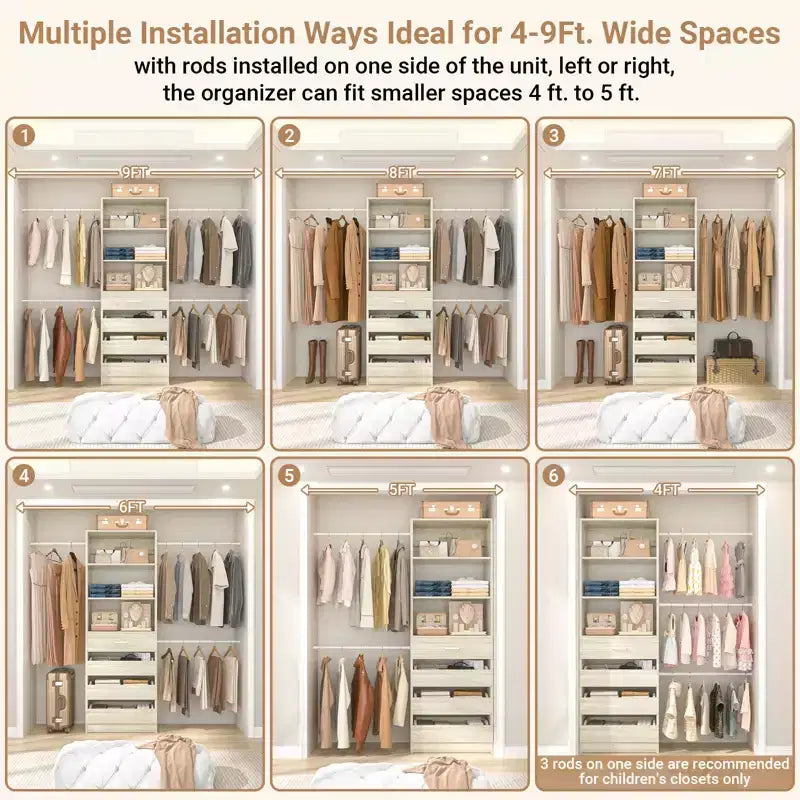 Besiost Holz-Kleiderschrank-Organizersystem für 1,2–2,7 m mit 4 Schubladen, 4 Kleiderstangen und Regaltürmen