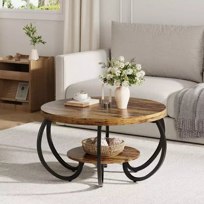 Runder industrieller Couchtisch mit 76 cm Durchmesser, 2 Ebenen, verstellbaren Füßen, Ablage in Holzoptik, Flammendesign, einfache Montage, Wohnzimmer