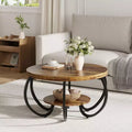 Runder industrieller Couchtisch mit 76 cm Durchmesser, 2 Ebenen, verstellbaren Füßen, Ablage in Holzoptik, Flammendesign, einfache Montage, Wohnzimmer