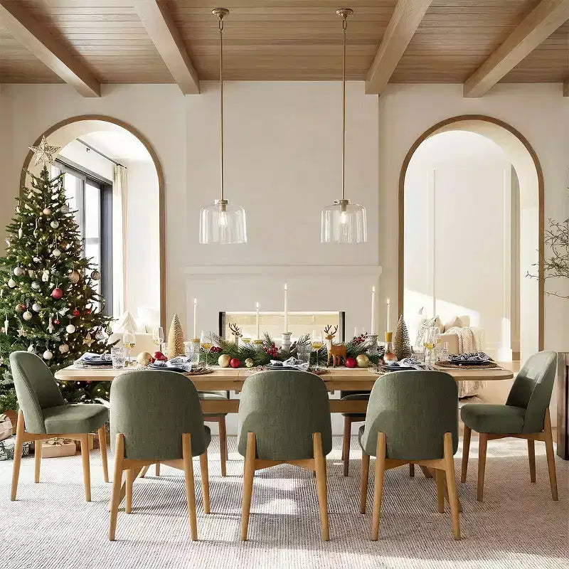 9-delige eetset voor 8 personen, uitschuifbare tafel met schraagonderstel en gestoffeerde stoelen met poten van massief hout - Panipeachy