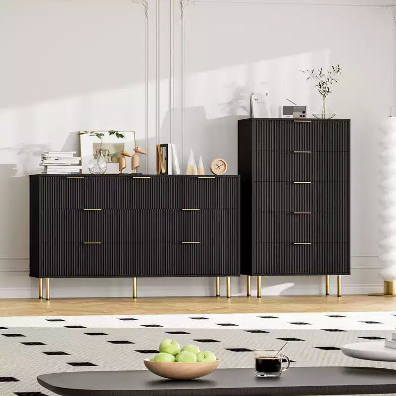White / Marble & Wood 5-Drawer Dresser ?C Fluted Panel, for 1 Person Use