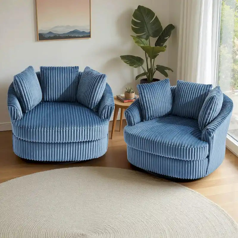 Set van 2 extra brede draaifauteuils van 43 W met zachte corduroybekleding en kussens