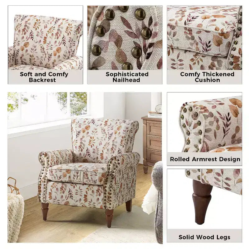 Fauteuil traditionnel Araceli en bois, rembourré à motif floral, avec dossier à oreilles et bordure cloutée| ART OF LIVING DESIGNS