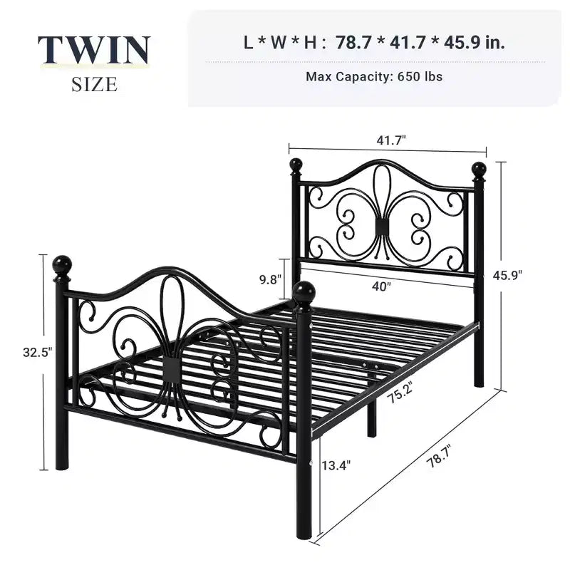 Kids Metal Bed Frame with Butterfly Headboard and Footboard, No Box Spring Needed