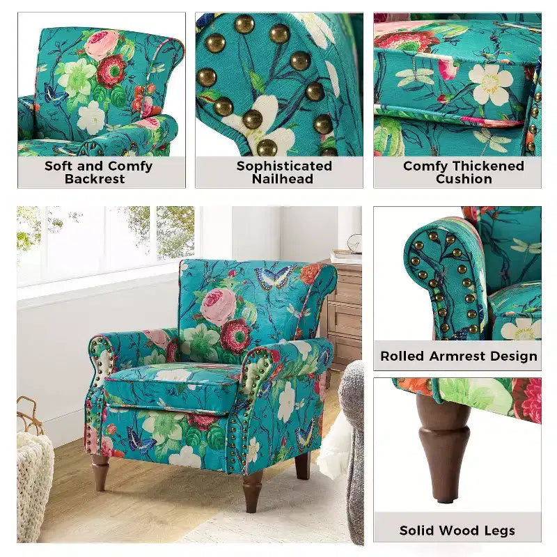 Fauteuil traditionnel Araceli en bois, rembourré à motif floral, avec dossier à oreilles et bordure cloutée| ART OF LIVING DESIGNS