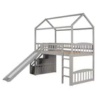 Twin House Loft Bed with Slide and Stairs, Loft Bed with Storage Drawers, Wood Cabin Loft Bed for Kids Toddlers