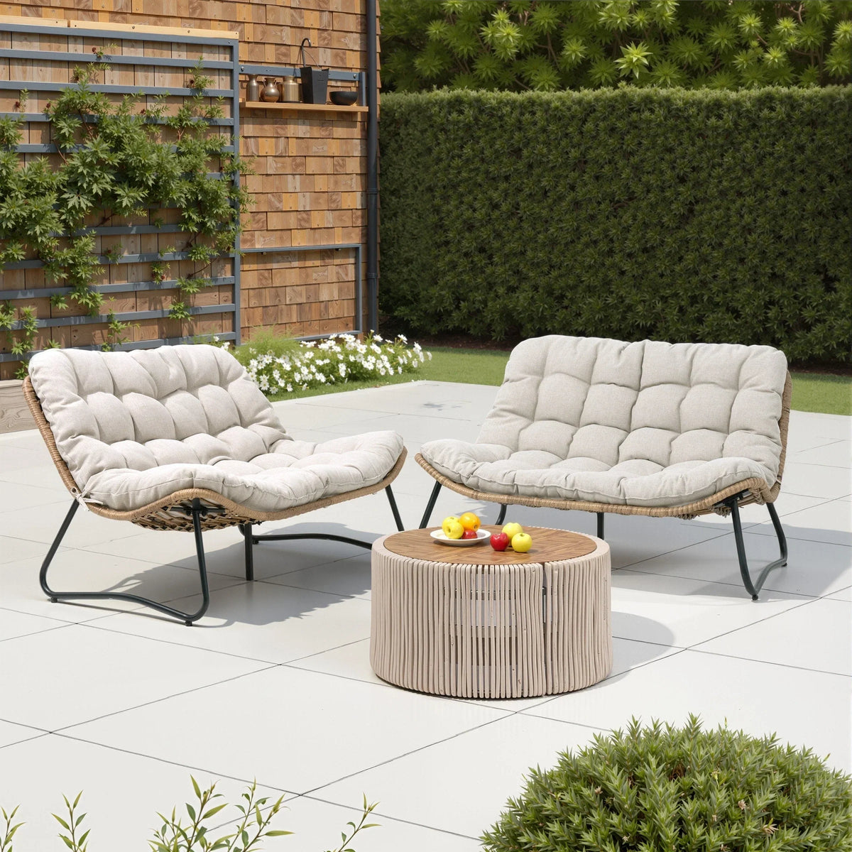 Fauteuil double Papasan avec coussin, rotin PE toutes saisons et structure en métal, pour intérieur et extérieur