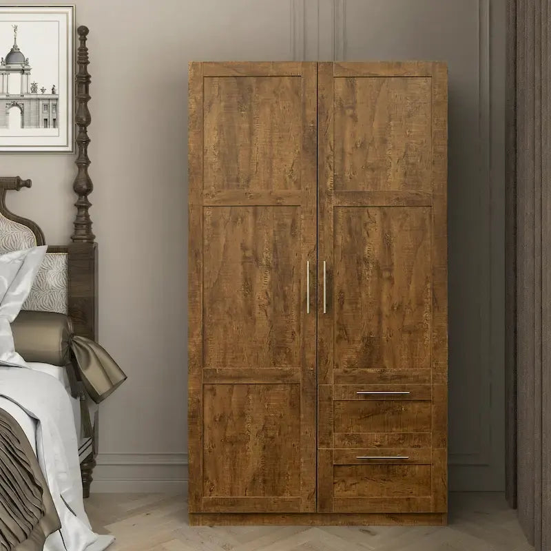 Armoire-penderie en bois blanc avec portes, tiroirs et tringle