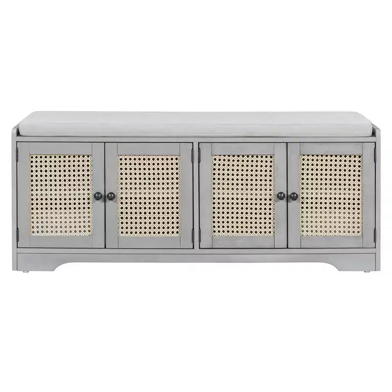 Banc de rangement rustique en bois Whisen, banc à chaussures pour entrée avec coussin amovible et étagères réglables
