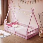 Bodenbett für Kinder, Zeltbett in Einzelgröße, Montessori-Bodenbett mit Lattenrost und Schutzgittern, Holzhaus-Bettrahmen für Jungen und Mädchen