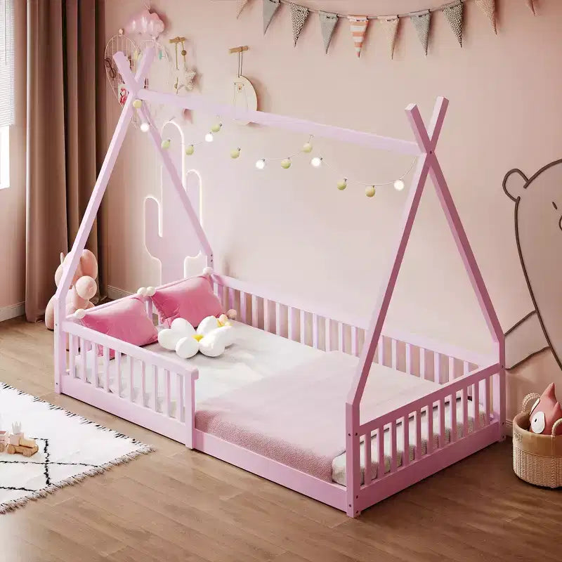 Bodenbett für Kinder, Zeltbett in Einzelgröße, Montessori-Bodenbett mit Lattenrost und Schutzgittern, Holzhaus-Bettrahmen für Jungen und Mädchen