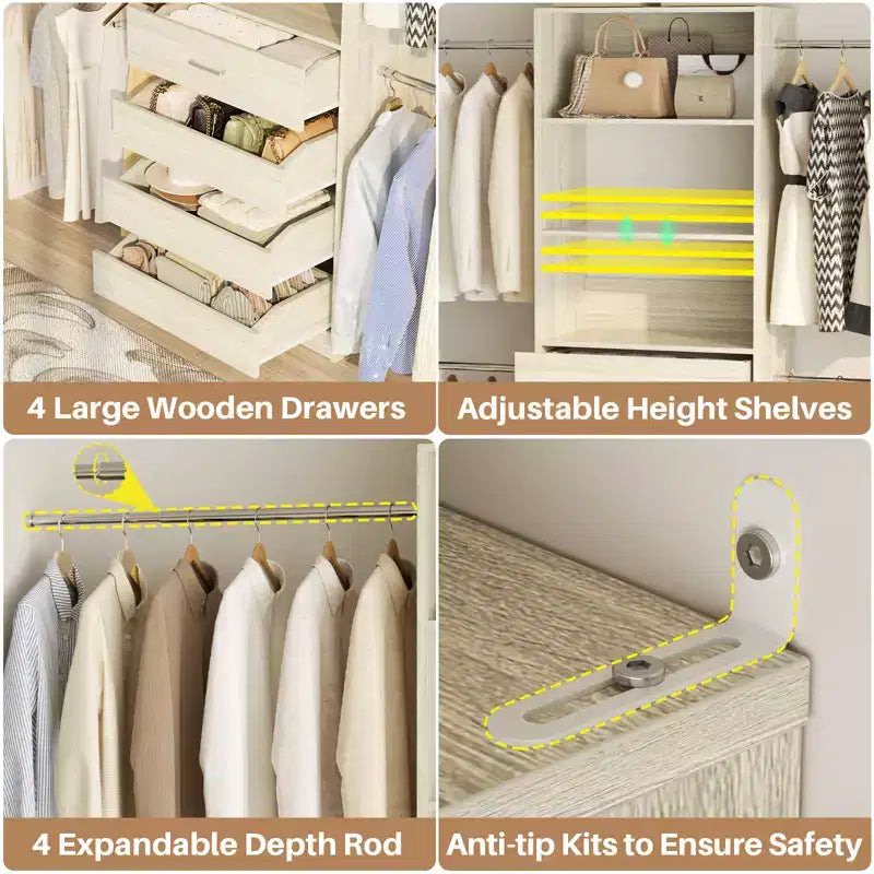Besiost Holz-Kleiderschrank-Organizersystem für 1,2–2,7 m mit 4 Schubladen, 4 Kleiderstangen und Regaltürmen