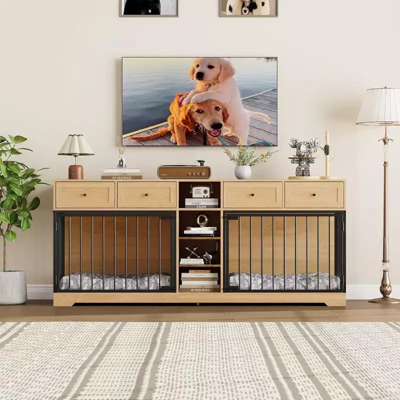 82 Möbel für zwei Hundeboxen, großer Hundezwinger für den Innenbereich für 2 Hunde, robuster Hundeschrank aus Holz als TV-Ständer mit 4 Schubladen und Regalen