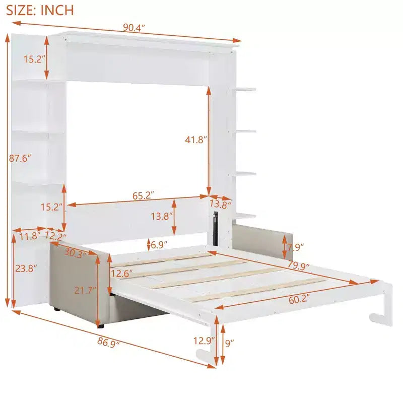 Lit escamotable mural queen size avec canapé, lit armoire pliant queen size avec bibliothèque et étagères pour chambre d’amis ou bureau