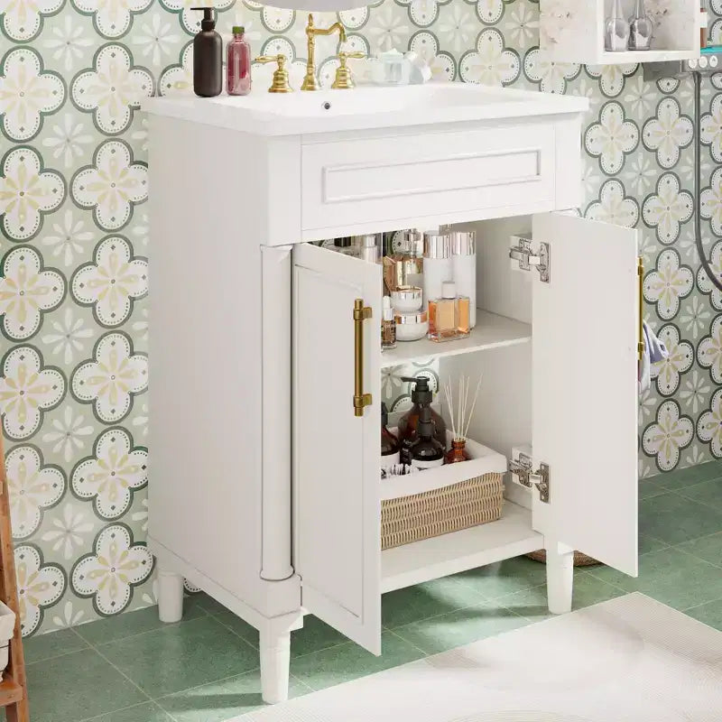 24-Zoll-Badezimmerunterschrank mit Keramikwaschbecken, Shaker-Schrank, 2 Türen mit Soft-Close-Funktion und Rahmen aus Massivholz für kleine Badezimmer oder Gäste-WCs
