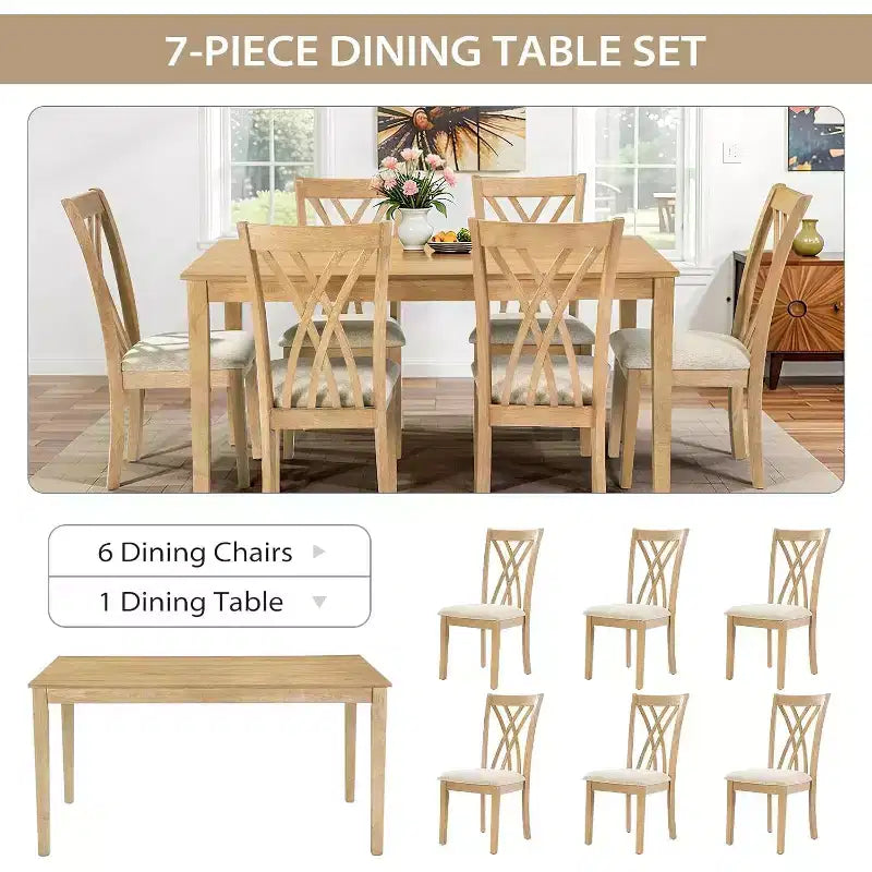 Zevemomo 7-delige eettafelset van massief hout met 6 gestoffeerde stoelen, ruimtebesparende eetkamertafel- en stoelenset voor eetkamer en keuken, natuurlijke houtkleur