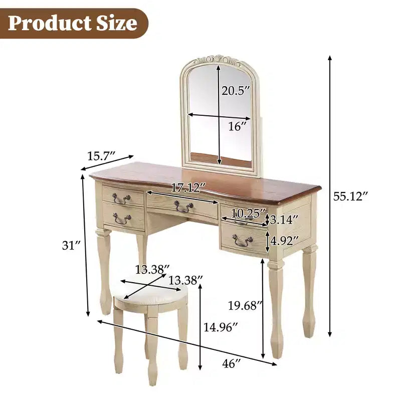Vintage kaptafelset, vintage make-uptafel, kaptafel van 46 inch met gebogen bloemenpiegel en opbergruimte met 5 laden