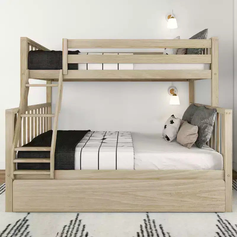 Max & Lily Bunk Bed Twin over Full with Trundle, Solid Wood Scandinavian Style Bunk Beds for Kids