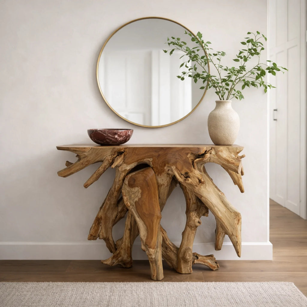 Organic Teak Console Table with Sculptural - Entryway